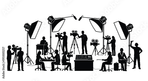 A silhouette collection of professional film crew members working with cameras and studio lighting