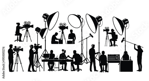 Black silhouettes of a professional film crew working with cameras lights and audio equipment set