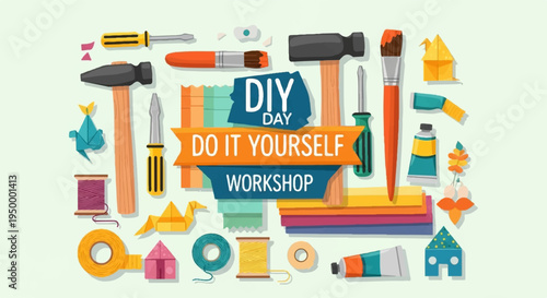 Colorful diy workshop tools and supplies for home improvement projects and crafting activities