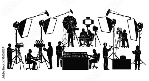 Black silhouettes of a professional film production crew working on a busy movie set studio floor