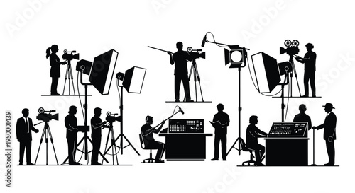 A collection of silhouettes depicting a professional film crew working on a television production