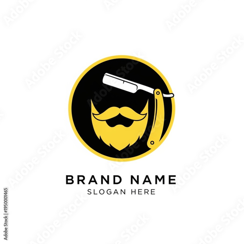 Barber shop logo with straight razor and beard illustration.