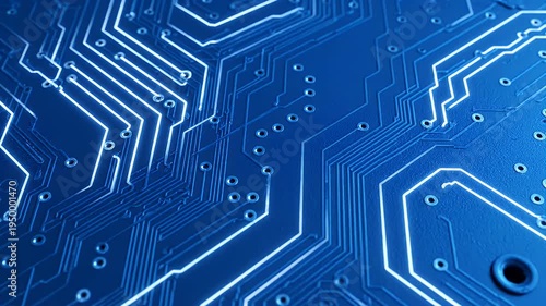 A close-up view of a complex blue circuit board with glowing white lines