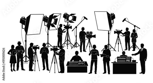 Professional film and television production crew working with cameras lighting and audio equipment