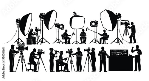 A collection of silhouettes depicting a professional film crew working on a modern movie production