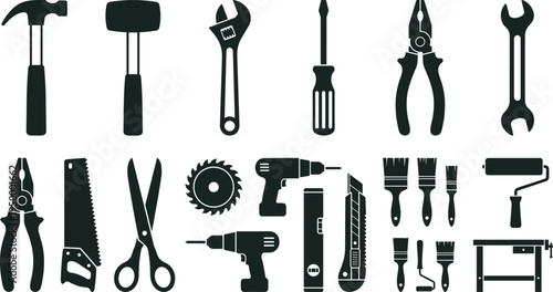 Hand tools silhouette set, construction repair equipment collection including hammer wrench screwdriver pliers drill saw paint roller vector