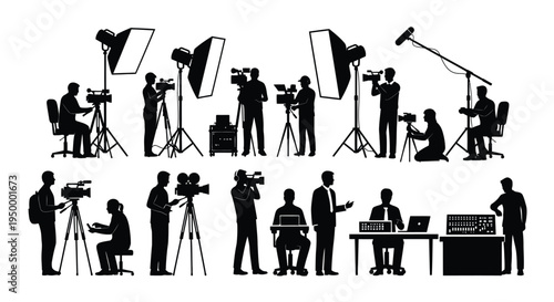 A detailed collection of professional television production crew members operating camera equipment