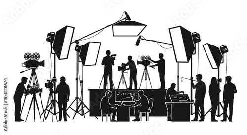 A detailed silhouette illustration featuring a professional film crew working inside a studio set