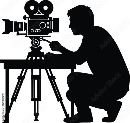 Black silhouette illustration of person operating vintage film camera on tripod, crouched adjusting lens, artistic cinematography concept highlighting filmmaking process, creativity, 