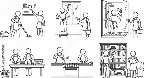 Household chores and cleaning activities line icon set, people vacuuming cooking washing reading home routine vector illustration