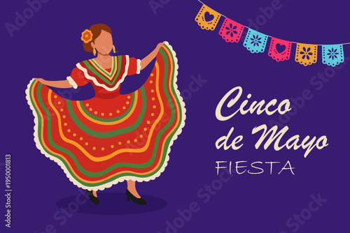 Cinco de Mayo banner design featuring a traditional Mexican folkloric dancer and festive banner decorations in flat style. Vector Illustration