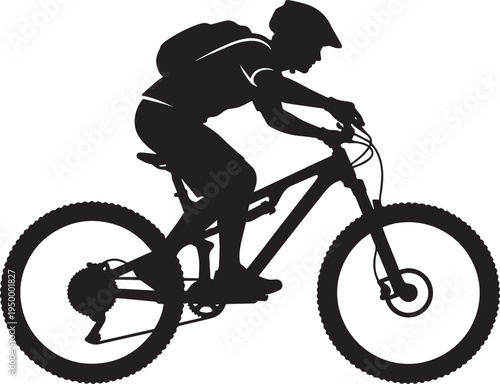 A detailed black silhouette of a mountain biker riding a bicycle isolated on a plain white background Vector, illustration