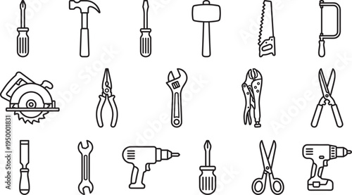 Hand tools line icons set, hammer screwdriver wrench pliers saw drill construction repair equipment vector