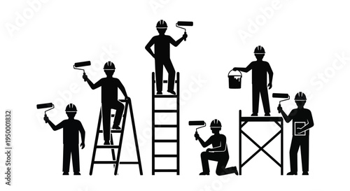 Black silhouette icons of painters using rollers and ladders for professional wall construction work