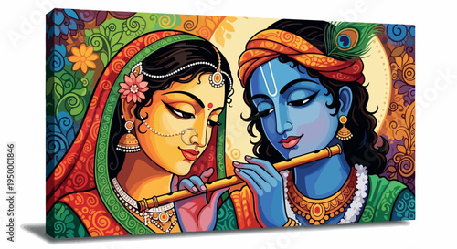 Vibrant painting of Radha and Krishna playing musical instruments with colorful attire on a decorative background.
