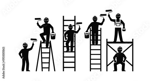 A collection of black silhouette icons depicting various professional construction house painters