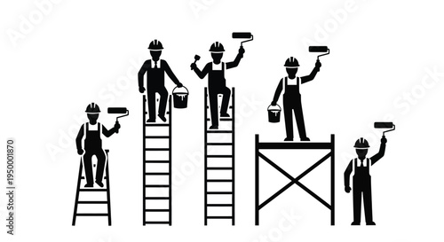 A set of silhouette icons showing construction workers using paint rollers and ladders for work