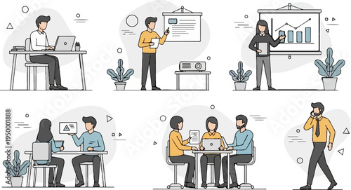 Diverse business meeting scenes, teamwork, and individual focus