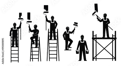 A collection of black silhouette icons depicting professional house painters working on projects