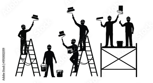 Black silhouettes of construction workers using paint rollers and ladders for wall renovation work