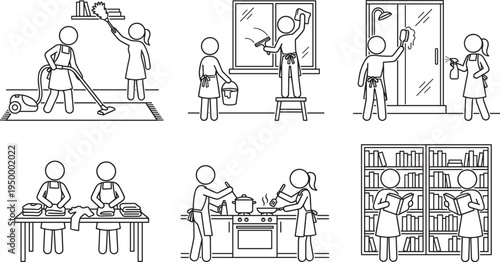 Household chores and daily activities line icon set, people cleaning cooking laundry reading home routine illustration