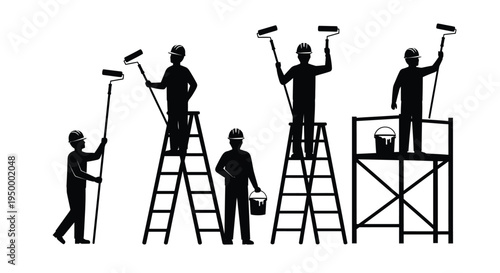 Black silhouettes of construction workers using paint rollers on ladders and scaffolding platforms