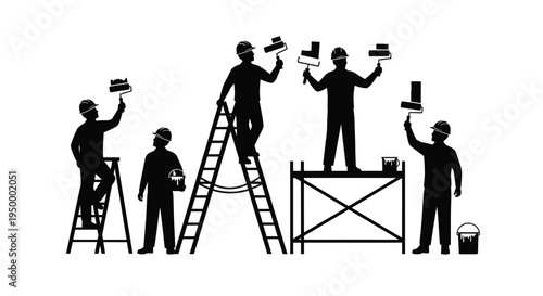 A group of construction workers painting a wall using ladders scaffolding and paint roller tools