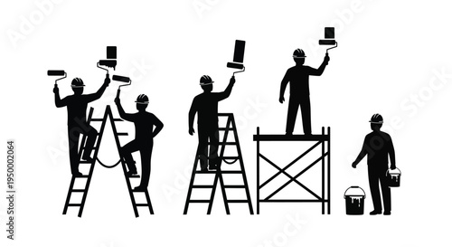 Black silhouettes of construction workers using paint rollers on ladders and scaffolding platforms