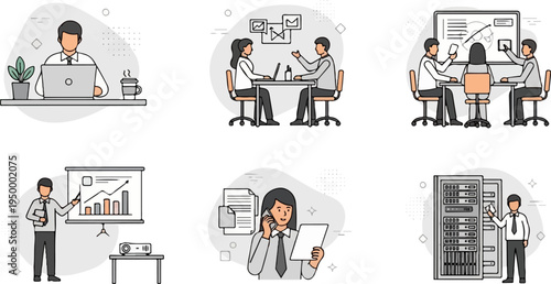 Six business scenes depict office life working on laptop, meetings, presentation