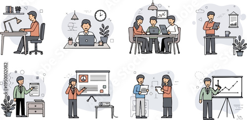 Business meeting with colleagues, individual work, and presentations