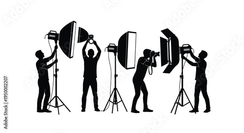 A group of professional photographers and studio assistants working with various lighting setups