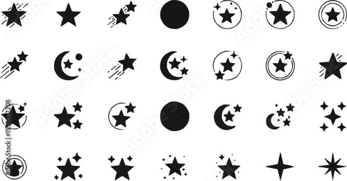 The image appears to be a collection of icons or symbols related to space, night, or celestial themes. They are arranged in a grid-like pattern. Stars with trails, which indicate motion. A solid black