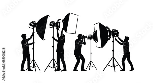 Professional photography crew working with studio lighting equipment and camera on a production set