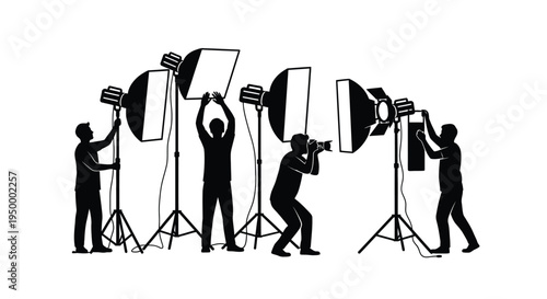 Professional photography crew working with studio lighting equipment and camera for a photo shoot