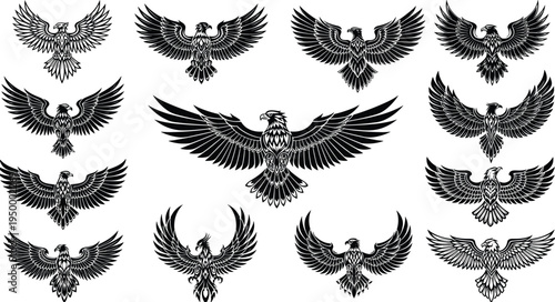 "Collection of fifteen stylized eagle silhouettes with spread wings, diverse feather patterns, and artistic designs for logos, emblems, tattoos, and graphic illustration projects"
