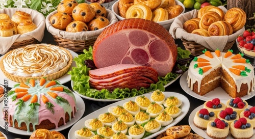 Abundant Easter feast with glazed ham, carrot cakes, deviled eggs, and pastries