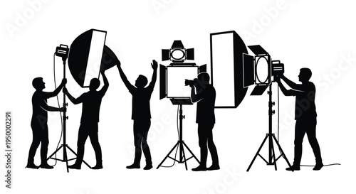 A professional film production crew working with various studio lighting equipment and cameras