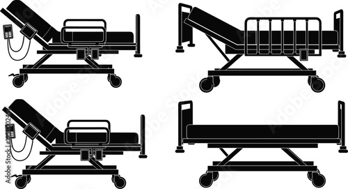 "Collection of four hospital bed silhouettes with adjustable head sections, side rails, and medical equipment, vector illustration representing healthcare, patient care, and medical facility design"
