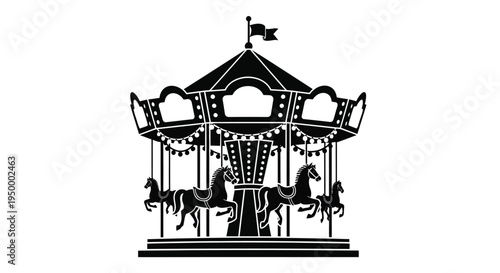 Black silhouette of a classic vintage fairground carousel ride featuring several wooden horses