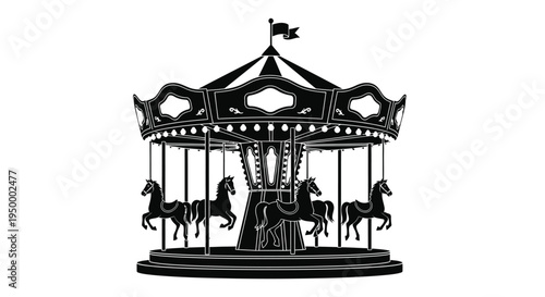 A classic vintage carnival carousel ride featuring several horses suspended for a spinning journey