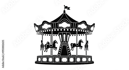 A detailed black and white silhouette graphic of a classic fairground carousel with toy horses