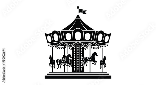 A detailed black silhouette of a classic carnival carousel featuring horses and a rooftop flag