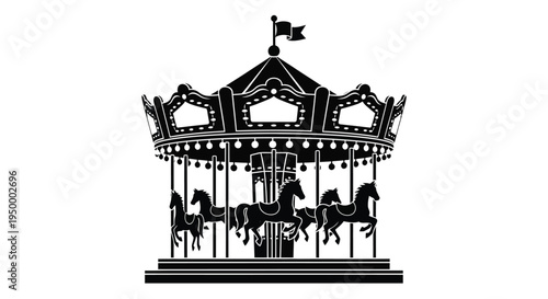 Black silhouette of a classic fairground carousel featuring several horses on a rotating platform