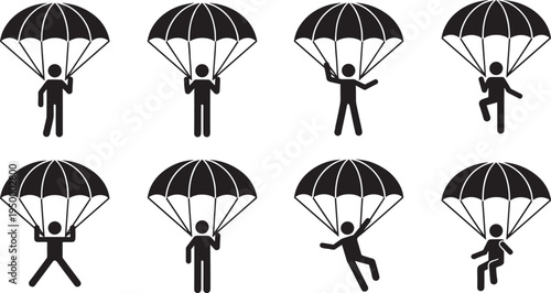 Parachute skydiver silhouette set, parachuting people icon collection, extreme sport parachutist jump vector illustration isolated adventure activity