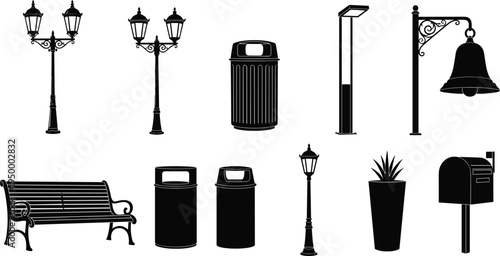 "Collection of urban public space silhouettes featuring street lamps, benches, trash bins, mailbox, potted plant, and decorative elements for architectural visualization and design projects"