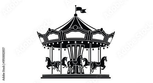 A classic vintage carnival merry go round carousel ride featuring multiple stylized horse figures