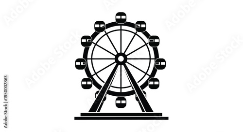 A black and white graphic illustration of a large rotating ferris wheel at an amusement park ride