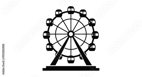 A black and white graphic illustration featuring a classic ferris wheel used at an amusement park
