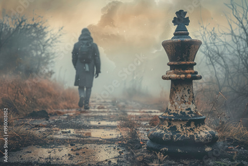 Rusty king chess piece on abandoned chessboard path with lone traveler walking away in foggy landscape Generative AI