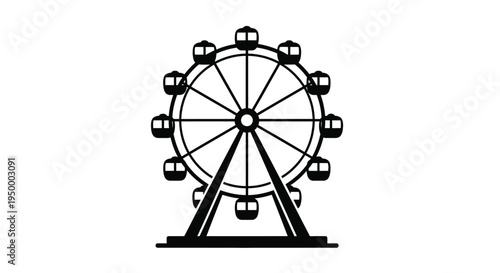 A black and white graphic illustration of a large rotating ferris wheel amusement park ride